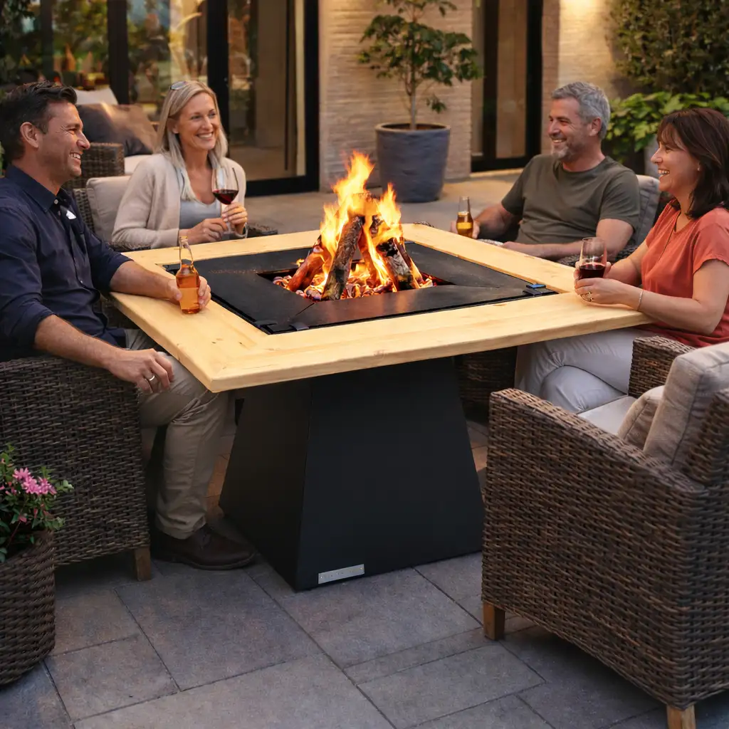 BlowVolt Axis Feuerstelle mit Personen am Tisch im Garten, genutzt als Fire Pit